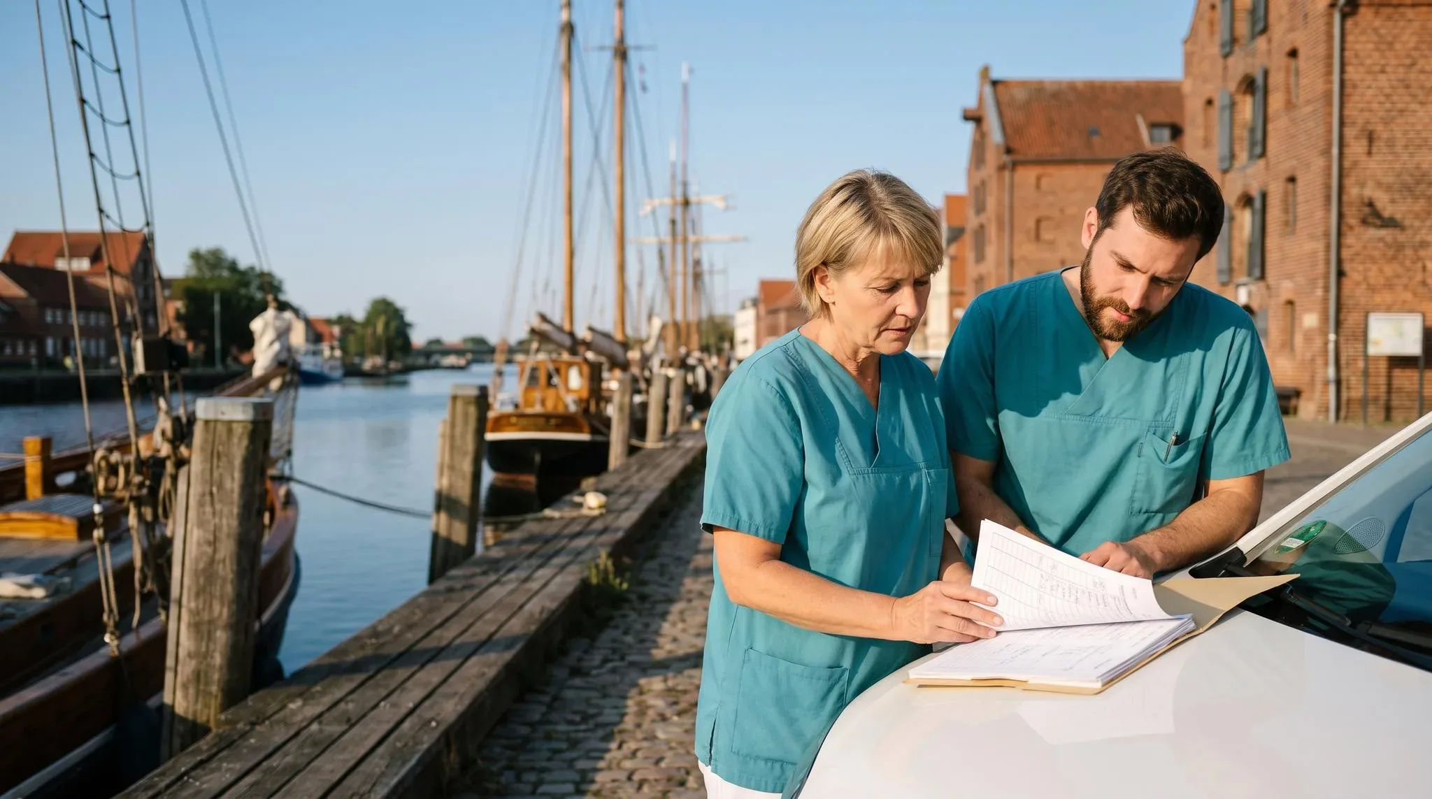 Pflegedienstleiterin und Pflegefachmann besprechen am Museumshafen Greifswald die Tour des Tages